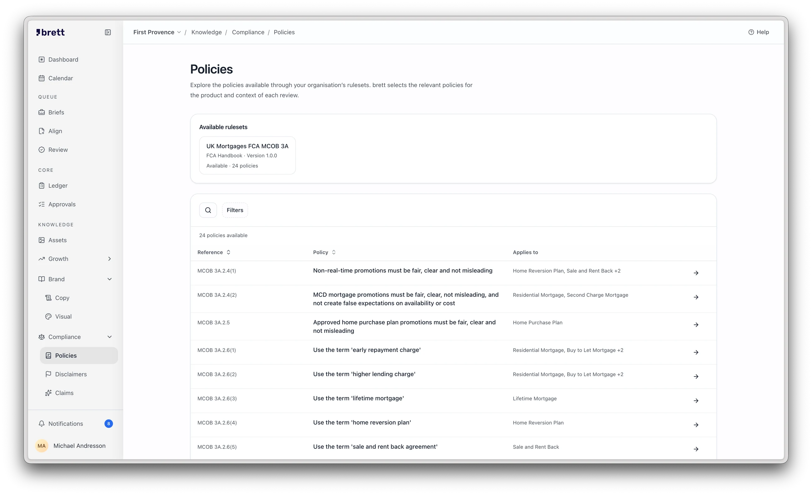 brett’s compliance workspace lists a versioned mortgage ruleset, policy references and the products each policy applies to, with policies, disclaimers and claims in the sidebar.