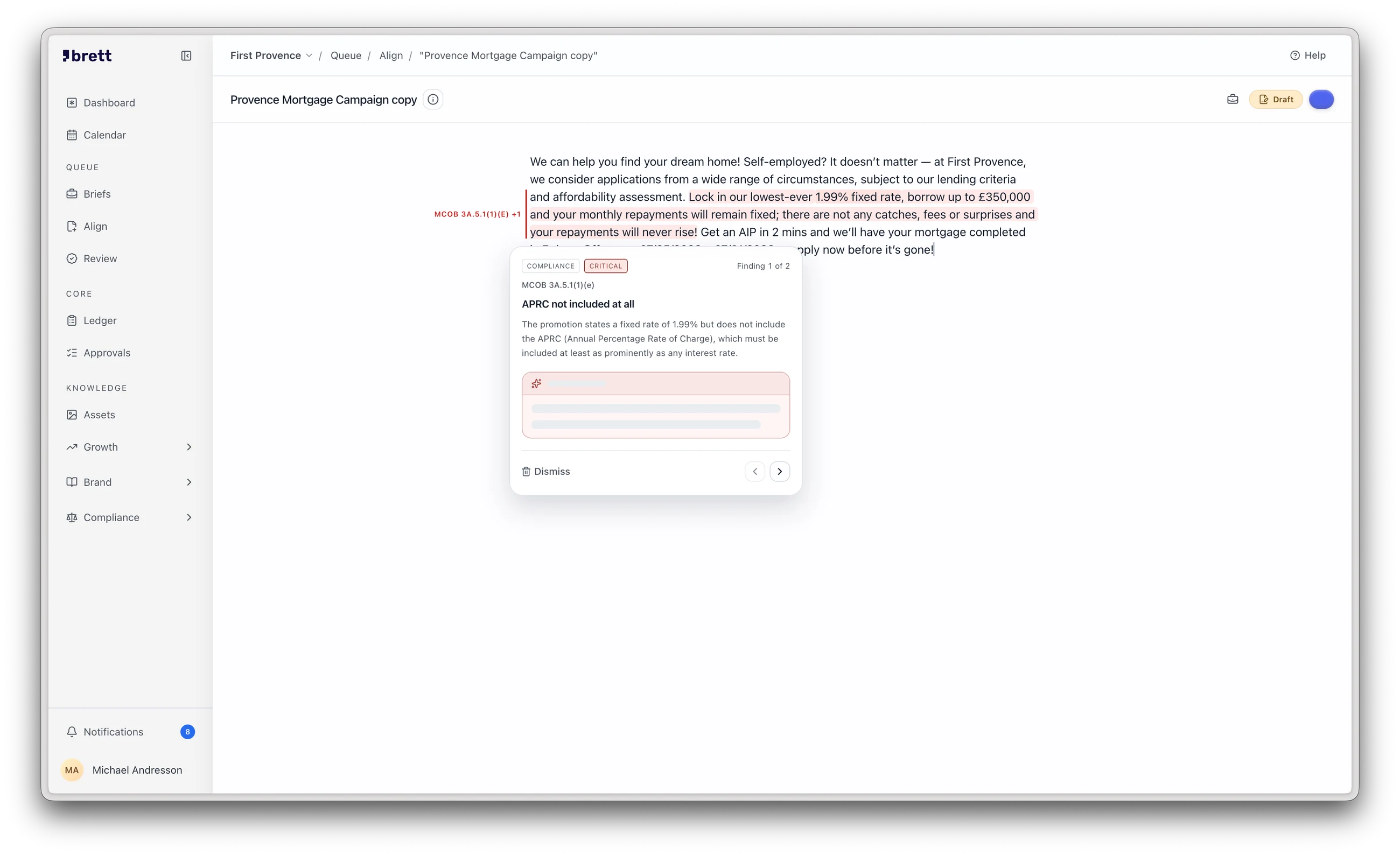 brett’s marketing workspace highlights a mortgage campaign and explains a missing APRC disclosure in an inline compliance finding.