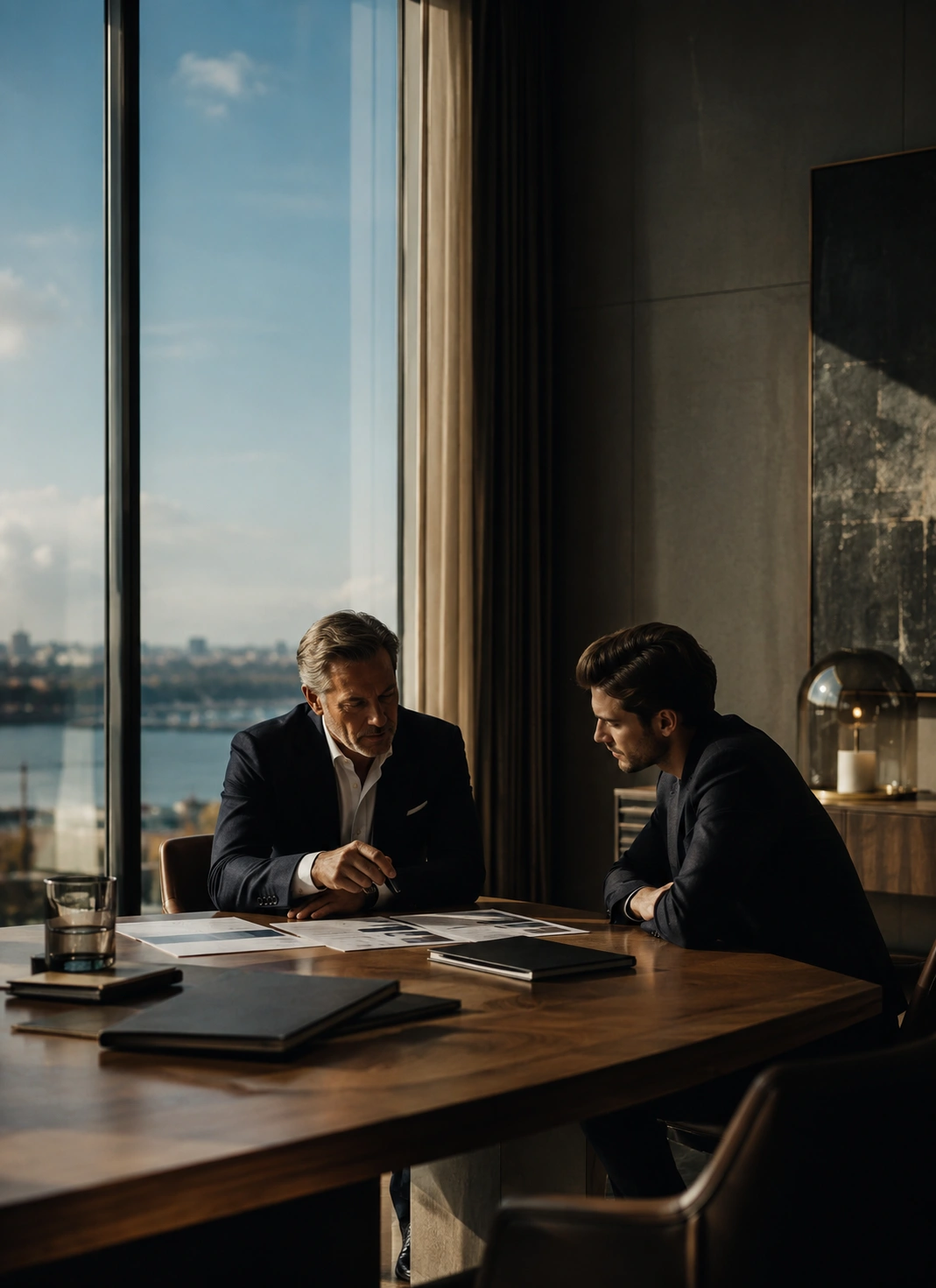 Financial services professionals reviewing documents