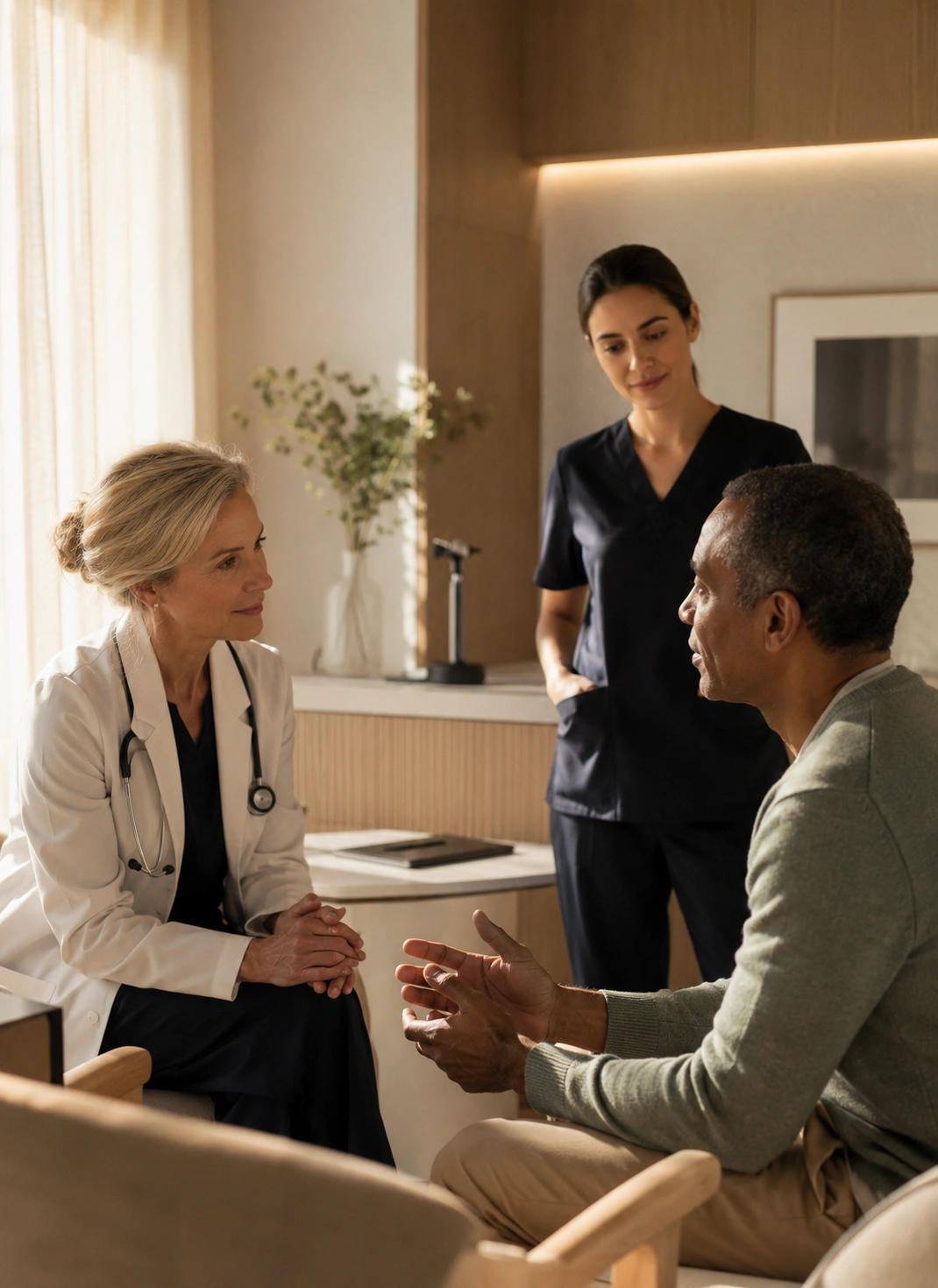 Healthcare professionals speaking with a patient