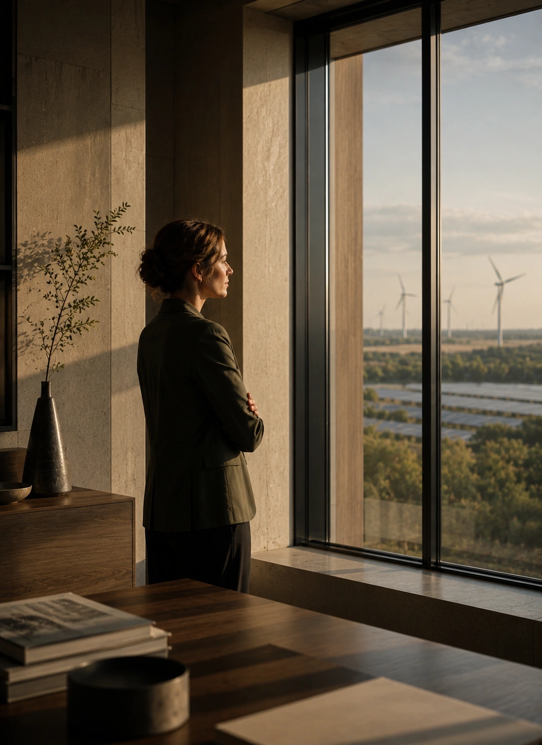Sustainability professional overlooking wind and solar energy infrastructure